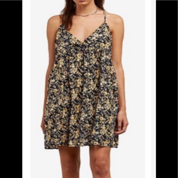 🌸 2/$25 NWT Volcom Black Yellow Strappy Back Floral Print Minidress - Picture 1 of 12